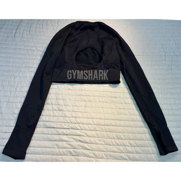 Gymshark Long Sleeve Crop Top Black‎ Seamless Cutout Women's Size S Thumbholes - Picture 4 of 7